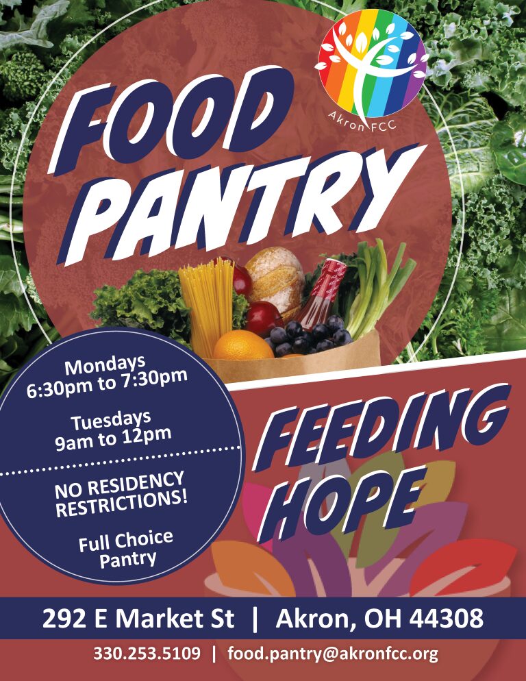feeding hope food pantry flyer depicting the distribution times of mondays at 6:30 pm and Tuesdays at 9:00 am at 292 e market st in akron, ohio